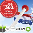 Aanbieding aluminium vlaggenmast 6 meter Ø70mm met overschuifkoker (optioneel kantelanker) inclusief NL vlag en oranje wimpel en inclusief transport. 