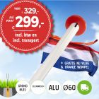 Aanbieding aluminium vlaggenmast 6 meter Ø60mm met grondbuis inclusief NL vlag en oranje wimpel en inclusief transport.