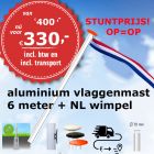 STUNTPRIJS aluminium vlaggenmast 6 meter Ø70mm met overschuifkoker, koord, kikker, platte mastknop, Nederlandse wimpel en inclusief transport. 