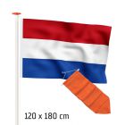 Actieset geschikt voor een 5 meter mast: Nederlandse vlag (standaard- of marineblauw) 120x180cm en oranje wimpel 205cm