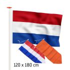 Aanbiedingset geschikt voor een 5 meter mast: Nederlandse vlag (standaard- of marineblauw), Nederlandse wimpel naar keuze en oranje wimpel