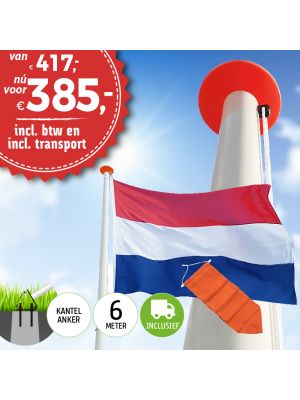 Aanbieding polyester vlaggenmast 6 meter inclusief NL vlag en oranje wimpel en inclusief transport. 