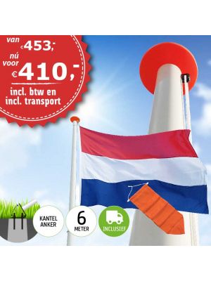 Aanbieding polyester vlaggenmast 6 meter inclusief NL vlag en oranje wimpel en inclusief transport. 
