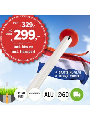 Aanbieding aluminium vlaggenmast 6 meter Ø60mm met grondbuis inclusief NL vlag en oranje wimpel en inclusief transport.