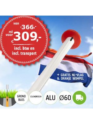 Aanbieding aluminium vlaggenmast 6 meter Ø60mm met grondbuis inclusief NL vlag en oranje wimpel en inclusief transport.