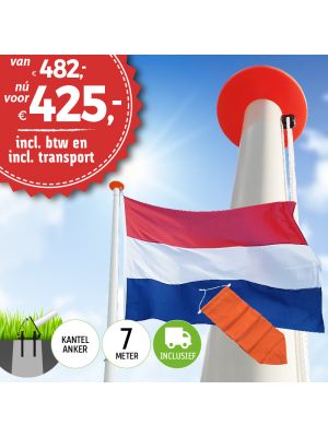 Aanbieding polyester vlaggenmast 7 meter inclusief NL vlag en oranje wimpel en inclusief transport. Nu met gratis NL wimpel!