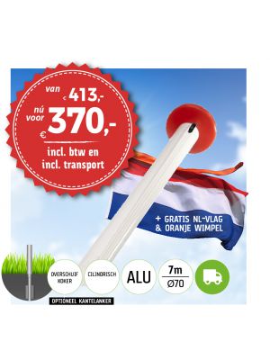 Aanbieding aluminium vlaggenmast 7 meter Ø70mm met overschuifkoker inclusief NL vlag en oranje wimpel en inclusief transport. Nu met gratis NL wimpel!