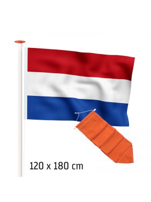 Actieset geschikt voor een 5 meter mast: Nederlandse vlag (standaard- of marineblauw) 120x180cm en oranje wimpel 205cm