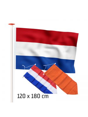 Aanbiedingset geschikt voor een 5 meter mast: Nederlandse vlag (standaard- of marineblauw), Nederlandse wimpel naar keuze en oranje wimpel