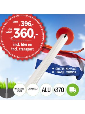 Aanbieding aluminium vlaggenmast 6 meter Ø70mm met overschuifkoker (optioneel kantelanker) inclusief NL vlag en oranje wimpel en inclusief transport. 