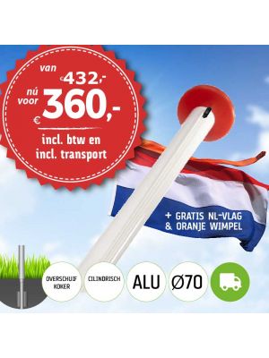 Aanbieding aluminium vlaggenmast 6 meter Ø70mm met overschuifkoker (optioneel kantelanker) inclusief NL vlag en oranje wimpel en inclusief transport. 