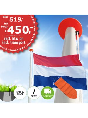 Aanbieding polyester vlaggenmast 7 meter inclusief NL vlag en oranje wimpel en inclusief transport. 