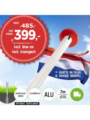 Aanbieding aluminium vlaggenmast 7 meter Ø70mm met overschuifkoker inclusief NL vlag en oranje wimpel en inclusief transport. 