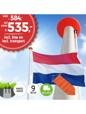 Aanbieding polyester vlaggenmast 9 meter inclusief NL vlag en oranje wimpel en inclusief transport. Nu met gratis NL wimpel!