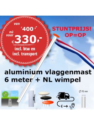 STUNTPRIJS aluminium vlaggenmast 6 meter Ø70mm met overschuifkoker, koord, kikker, platte mastknop, Nederlandse wimpel en inclusief transport. 