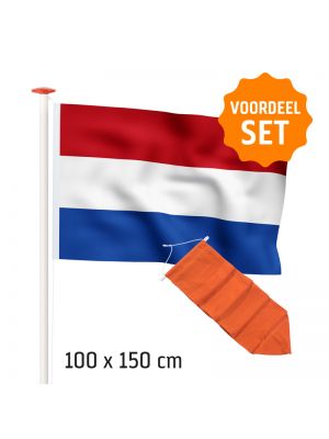 Actieset geschikt voor een gevelstok: Nederlandse vlag (standaard- of marineblauw) 100x150cm en oranje wimpel 175cm (let op: zonder gevelstok)