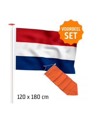 Actieset geschikt voor een 5 meter mast: Nederlandse vlag (MARINEblauw) 120x180cm en oranje wimpel 205cm