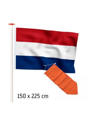 Actieset geschikt voor een 6 meter mast: Nederlandse vlag MARINEBLAUW 150x225cm en oranje wimpel 250cm 