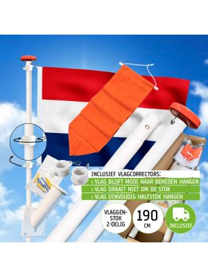 Vlaggenstokset compleet MARINEBLAUW (2-delige stok 190cm, houder, NL vlag, oranje wimpel en vlagcorrector)