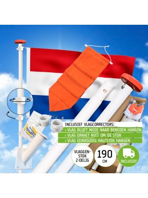 Vlaggenstokset compleet STANDAARD BLAUW (2-delige stok 190cm, houder, NL vlag, oranje wimpel en vlagcorrector)