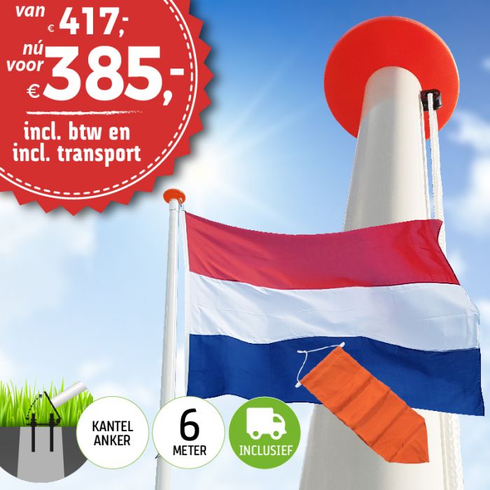 evenaar apotheker tandarts Aanbieding polyester vlaggenmast 6 meter inclusief NL vlag en oranje wimpel  en inclusief transport - Dekker Vlaggen