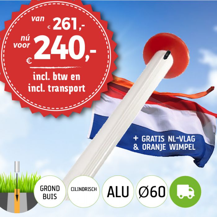 Aanbieding Aluminium Vlaggenmast 6 Meter O60mm Met Grondbuis Inclusief Nl Vlag En Oranje Wimpel En Inclusief Transport Dekker Vlaggen